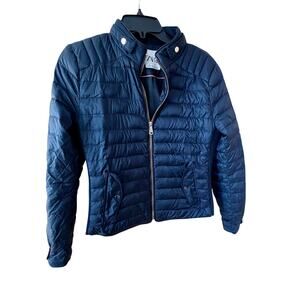 Zara Navy blue quilted zip up puffer jacket sz Large